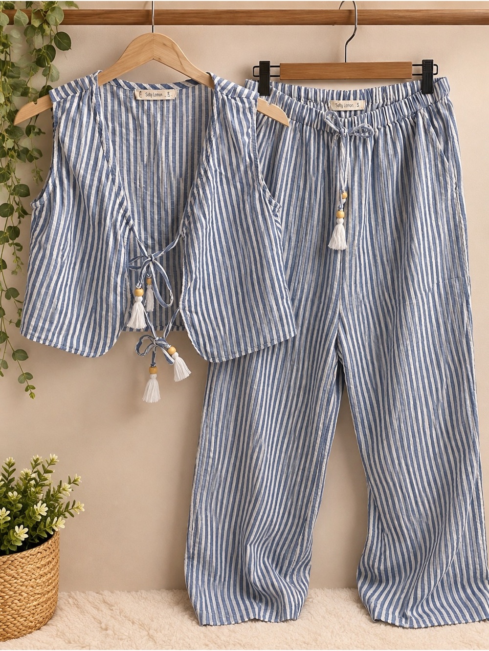 Striped Blue Linen-Blend Wide Leg Pants by